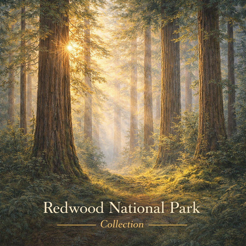 Redwood wall art featuring California forest with soft atmospheric light.