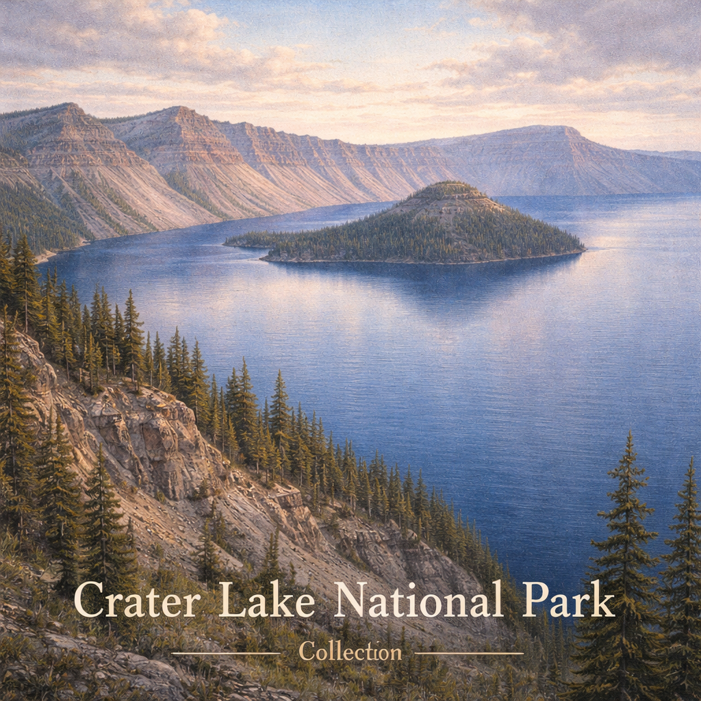 Crater Lake wall art featuring volcanic cliffs surrounding deep lake.