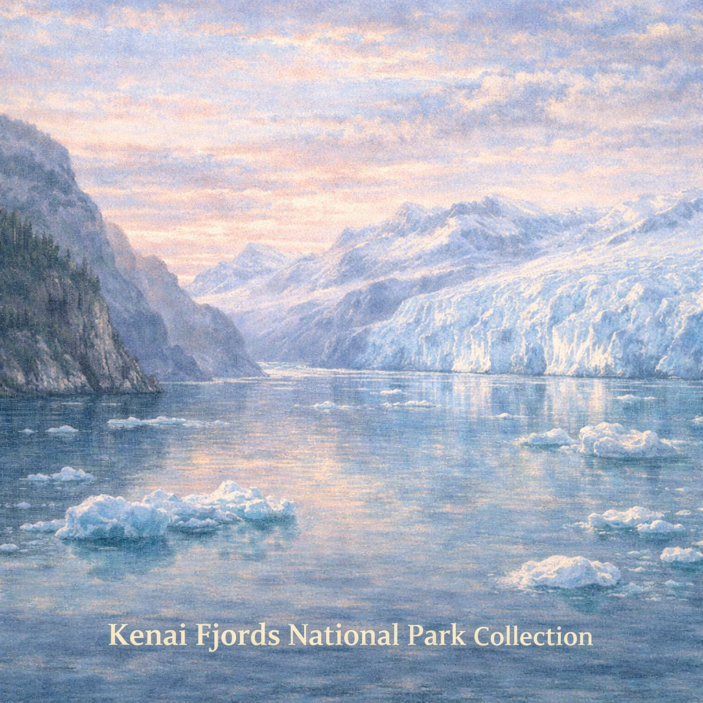 Kenai Fjords wall art featuring glacier meeting calm ocean waters.