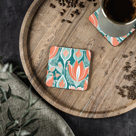 Sun-kissed Coral & Teal Paisley Tulip Coasters - Paisley Heart Collection