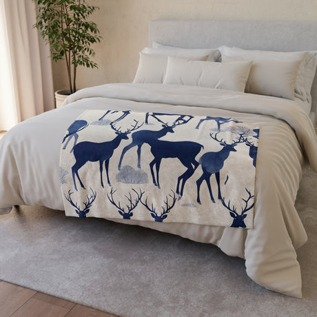 Serene Antlered Elegance Blanket - Indigo Ink Art Polyester Fleece - Tranquil Deer Collection