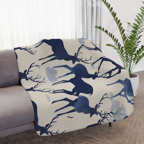 Minimalist Indigo Deer Sherpa Blanket - Tranquil Deer Collection