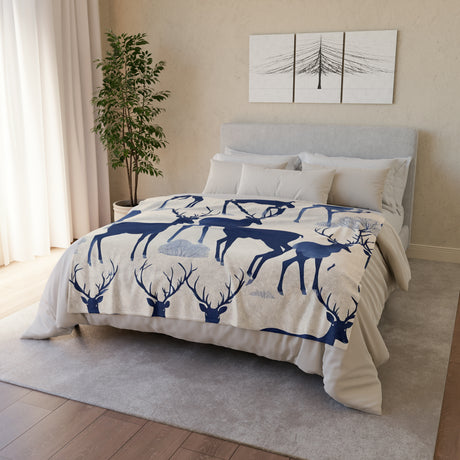 Serene Antlered Elegance Blanket - Indigo Ink Art Polyester Fleece - Tranquil Deer Collection