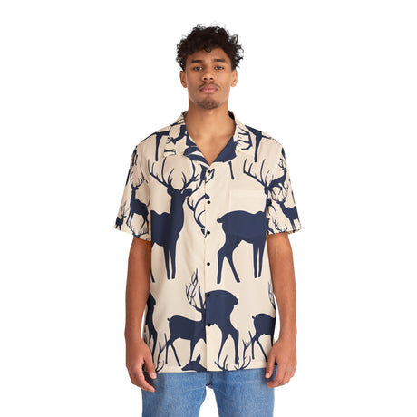 Indigo Antler Elegance Men's Hawaiian Shirt - Tranquil Deer Collection