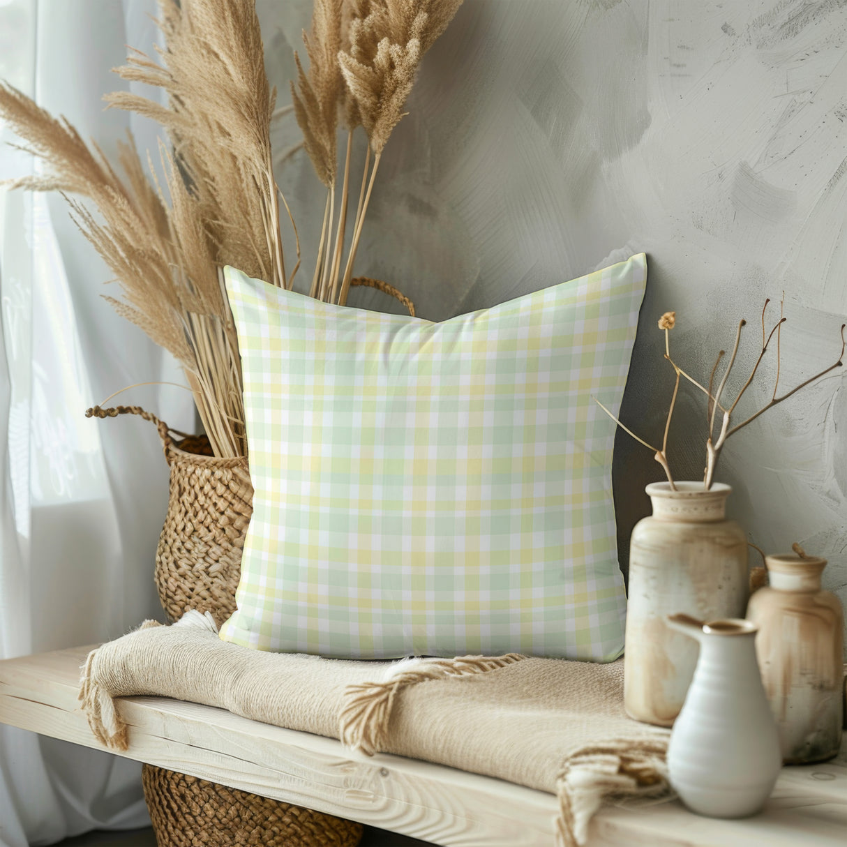 Soft Spring Plaid Square Pillow