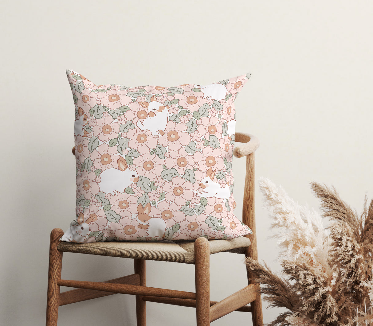 Whimsical Bunny Meadow Square Pillow