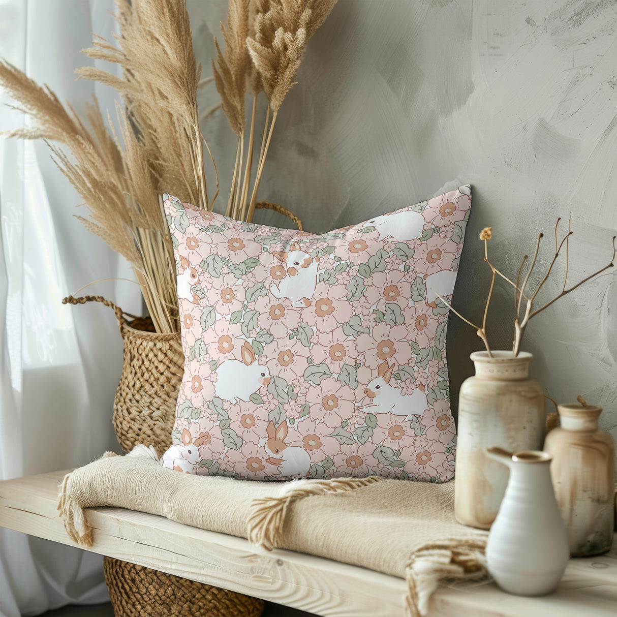 Whimsical Bunny Meadow Square Pillow