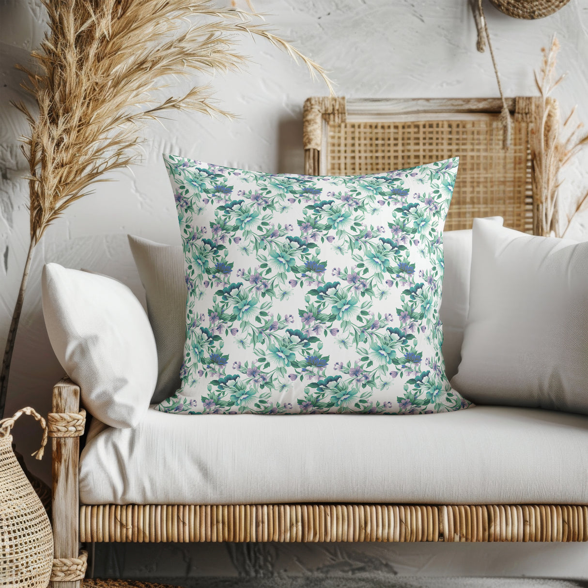 Vibrant Aqua Floral Square Pillow