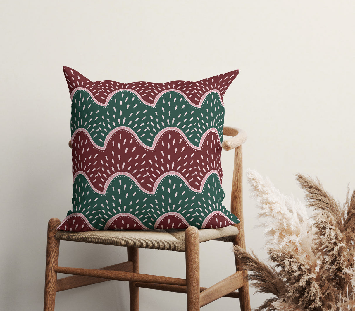 Burgundy and Emerald Wave Square Pillow