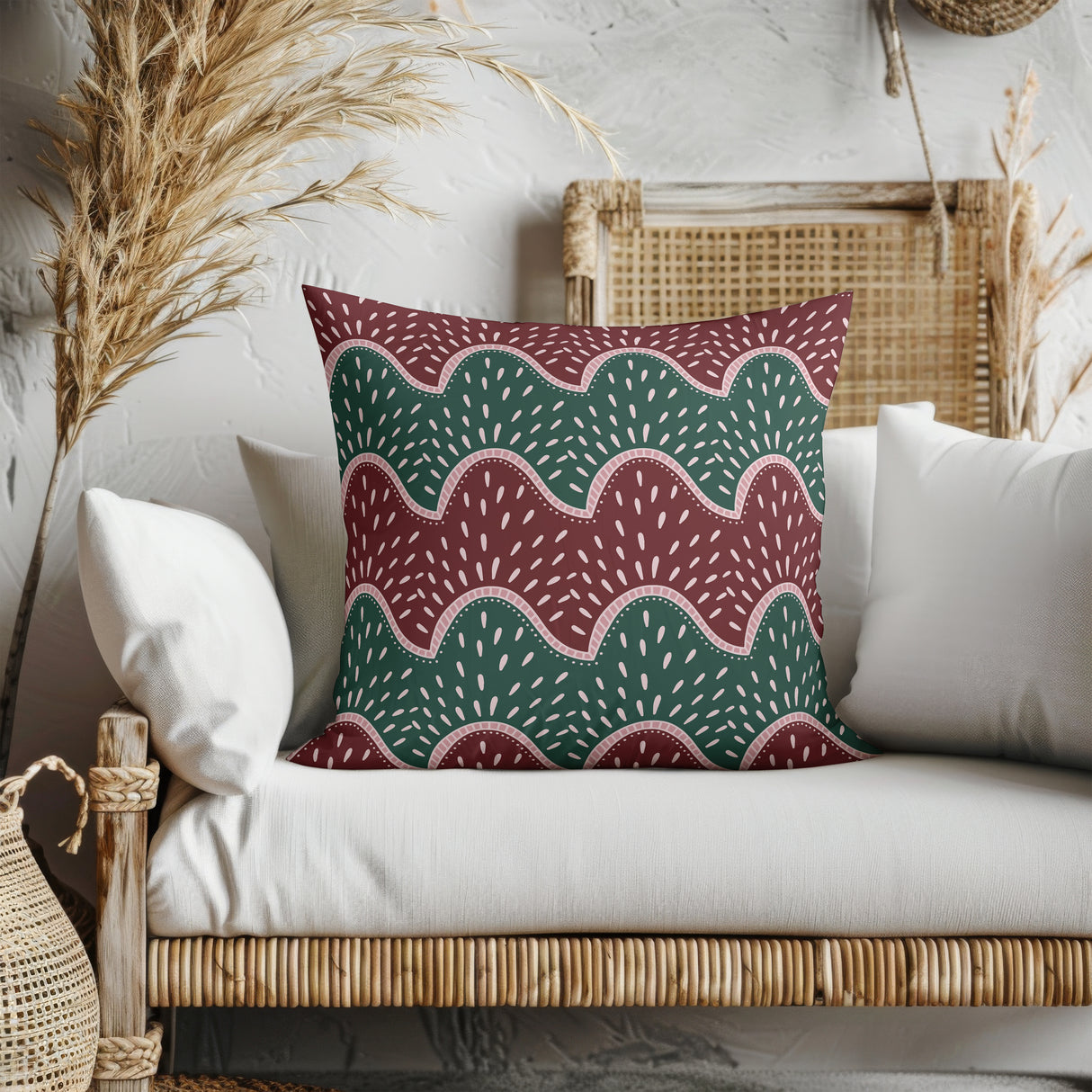 Burgundy and Emerald Wave Square Pillow