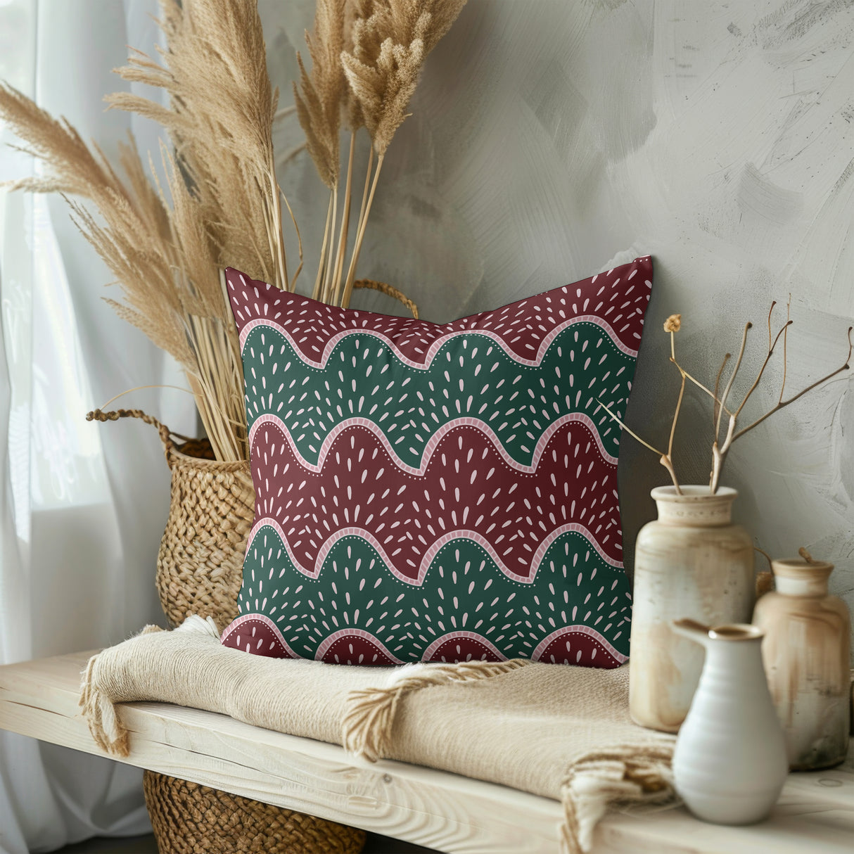 Burgundy and Emerald Wave Square Pillow