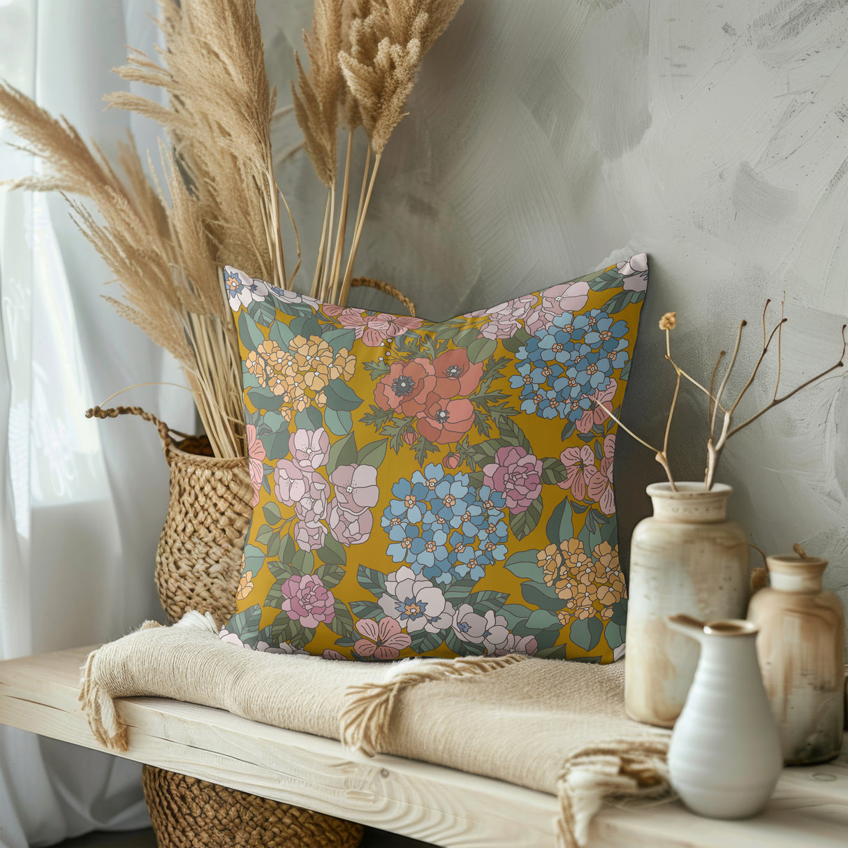 Golden Blossom Melody Square Pillow