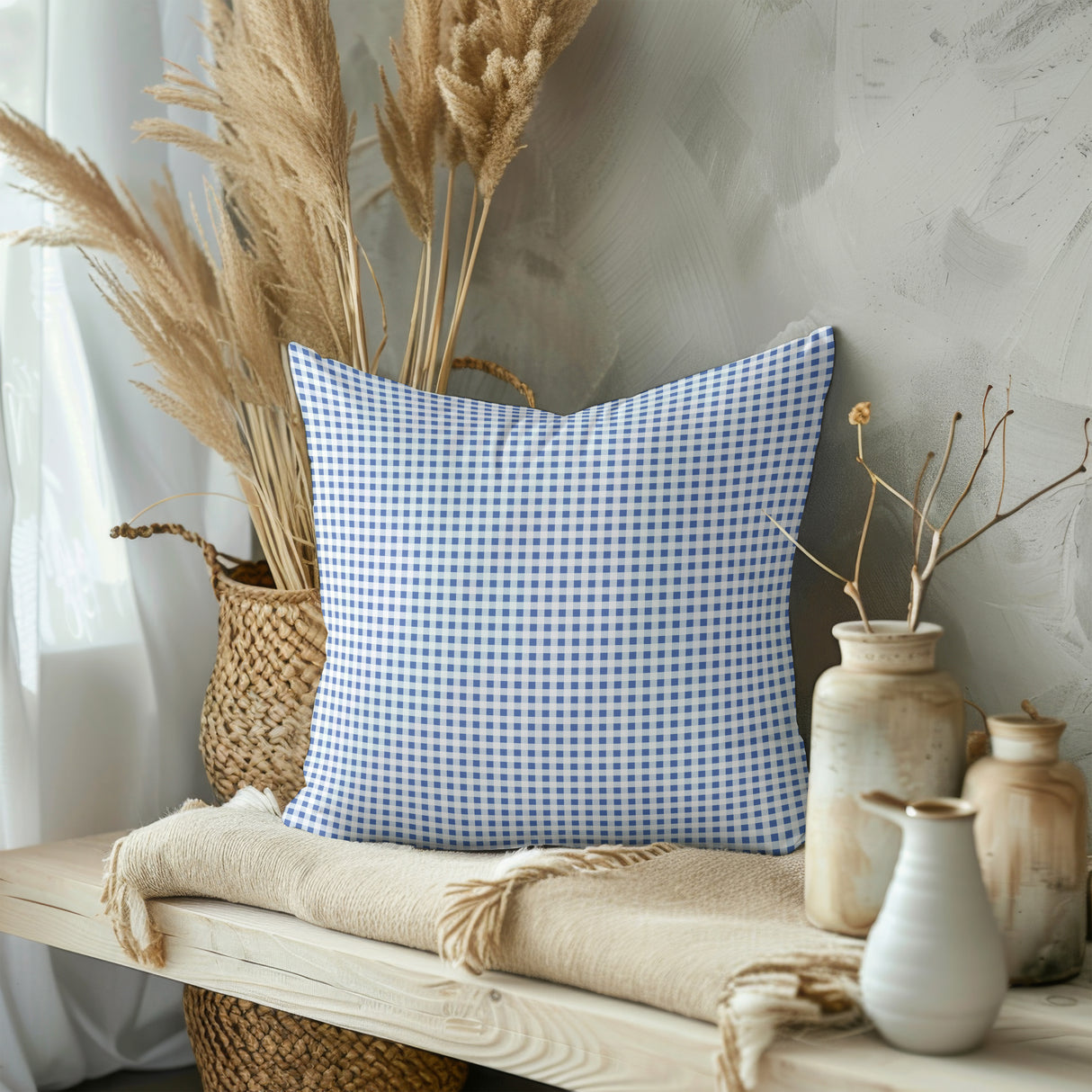 Classic Blue Gingham Square Pillow