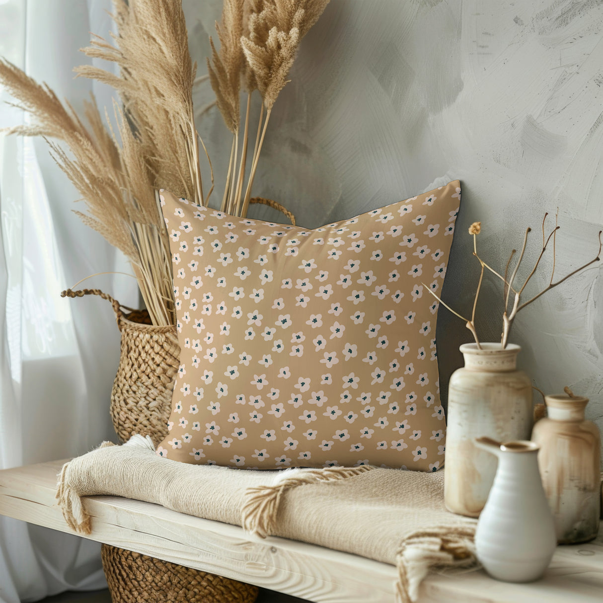 Golden Blossom Bliss Square Pillow