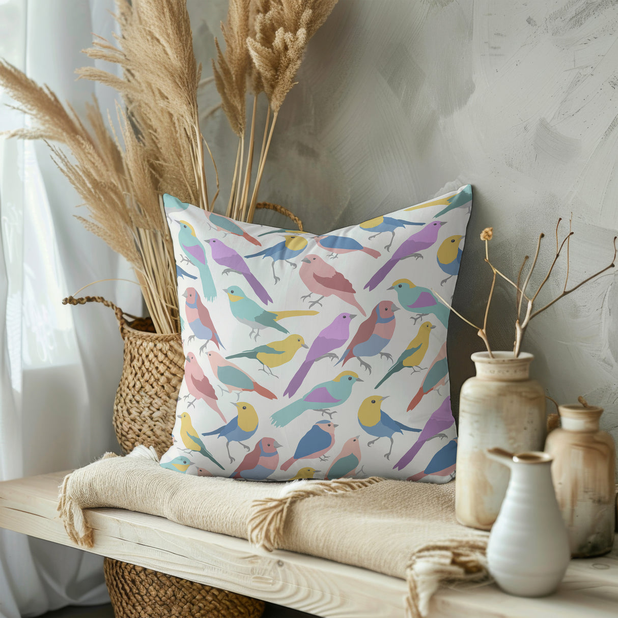 Pastel Bird Symphony Square Pillow