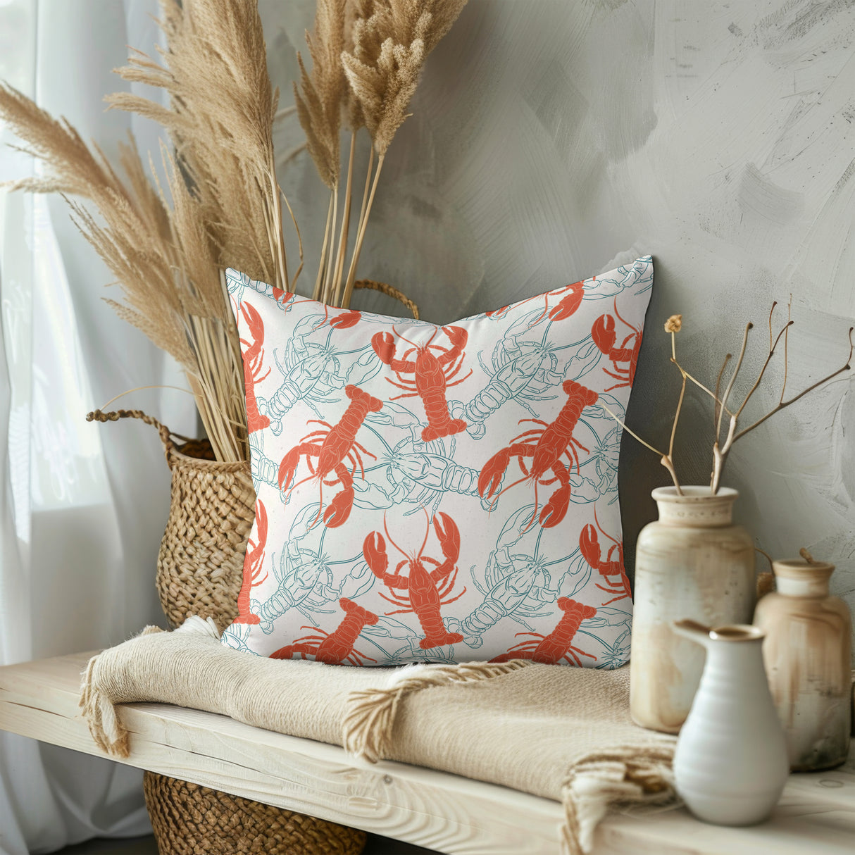 Coastal Lobster Sketch Square Pillow