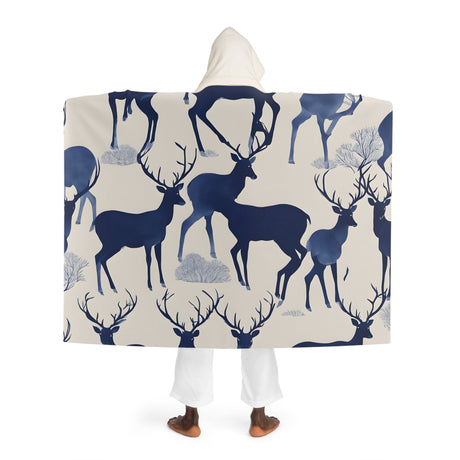 Serene Indigo Deer Hooded Sherpa Fleece Blanket - Tranquil Deer Collection